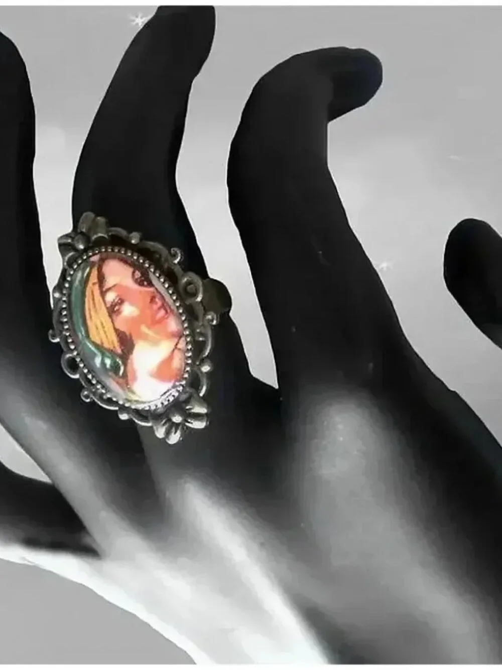 Flapper Ring Funky Artisan Jewelry with Adjustable Band - Bohemian Portrait Art